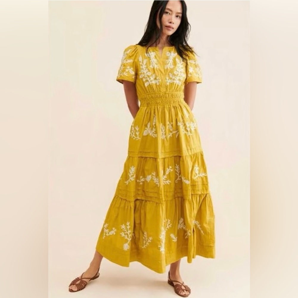 Anthropologie Yellow and White Embroidered Somerset Maxi Dress with pockets